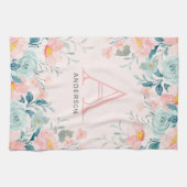 ピンク&グリーンフローラ縁どモノグラム キッチンタオル (横)