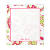 ピンク&グリーンペイズリーパーソナライズされたメモ帳 ノートパッド (正面)