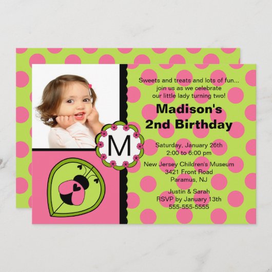 ピンク&グリーンラディバグフォト誕生日招待状 招待状 (正面/裏面)