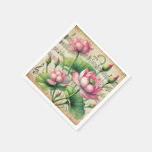 ピンク&グリーンロータスヴィンテージシートミュージックページ スタンダードカクテルナプキン (角)
