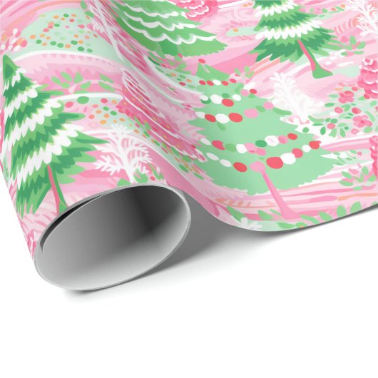 ピンク&グリーン名門私立校風のクリスマスギフトラッピング紙 ラッピングペーパー (ロールコーナー)