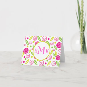 ピンク&グリーン抽象芸術花モノグラムノテカード ノートカード