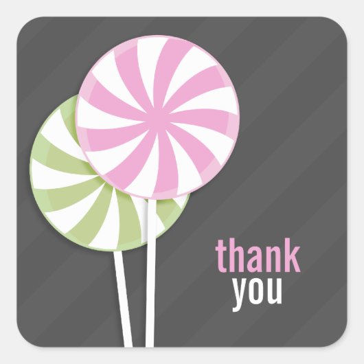 ピンク&グリーン棒つきキャンデーサンキューステッカー スクエアシール (正面)