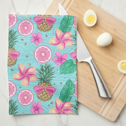 ピンク&グリーン熱帯夏ビーチテーマ キッチンタオル (四つ折り)
