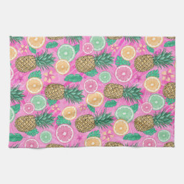 ピンク&グリーン熱帯夏ビーチテーマ キッチンタオル