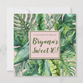 ピンク&グリーン熱帯葉ススイート16パーティー 招待状 (正面)