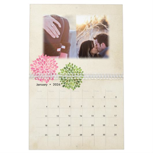ピンク&グリーン結婚のパーソナライズされたフォトゲストブック カレンダー (1月 2026)