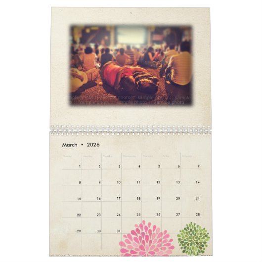 ピンク&グリーン結婚のパーソナライズされたフォトゲストブック カレンダー (3月 2026)