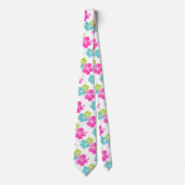 ピンク/グリーン/アクアブルーハイビスカス/ハワイアンフローラ ネクタイ (正面)