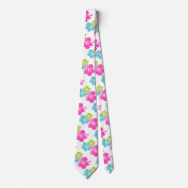 ピンク/グリーン/アクアブルーハイビスカス/ハワイアンフローラ ネクタイ