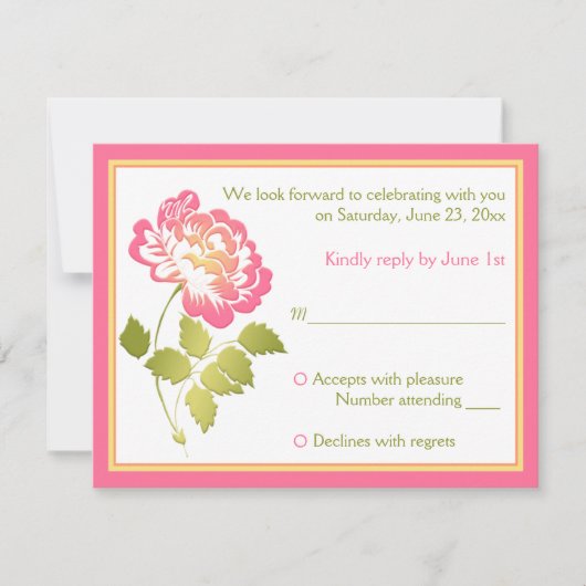 ピンク、グリーン、イエロー、ホワイトの牡丹の花のRSVPカード 招待状 (正面)
