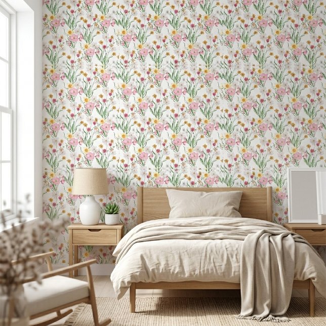 ピンク グリーン ウォーターカラー ウィルフラワー 壁紙 (Pink Green Watercolor Wildflower Floral Wallpaper)