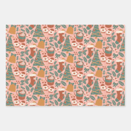 ピンク、グリーン、オレンジホリデー ラッピングペーパーシート