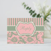 ピンク、グリーン、カーキのストライプのダマスク柄返信カード 招待状 (スタンド正面)
