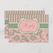 ピンク、グリーン、カーキのストライプのダマスク返信カード 招待状 (正面/裏面)