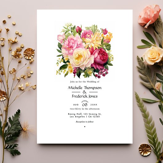 ピンク・グリーン・ゴールドのフラワースプリングウェディング 招待状