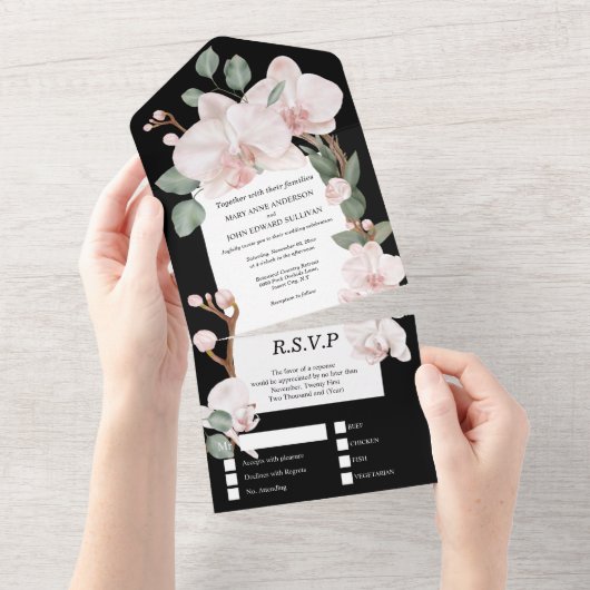 ピンク・グリーン・ジャングル・ラン、熱帯結婚植物 オールインワン招待状 (貼ってはがせる)