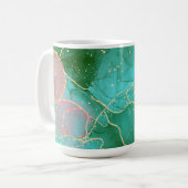 ピンク、グリーン、ティール(緑がかった色)アルコールインク コーヒーマグカップ (正面左)