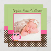 ピンク・グリーン・フクロウ写真誕生のお知らせ 案内状 (正面/裏面)