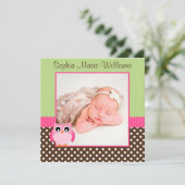 ピンク・グリーン・フクロウ写真誕生のお知らせ 案内状 (スタンド正面)