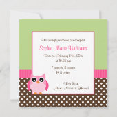 ピンク・グリーン・フクロウ写真誕生のお知らせ 案内状 (裏面)