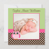 ピンク・グリーン・フクロウ写真誕生のお知らせ 案内状 (正面)