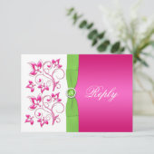 ピンク グリーン ホワイト フラワーリプライカード - 印刷リボン付き 出欠カード (スタンド正面)