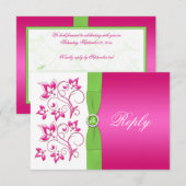 ピンク グリーン ホワイト フラワーリプライカード - 印刷リボン付き 出欠カード (正面/裏面)