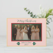 ピンク、グリーン、レッド、ゴールドのモダンなウェディングクリスマスカード シーズンカード (スタンド正面)