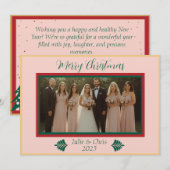 ピンク、グリーン、レッド、ゴールドのモダンなウェディングクリスマスカード シーズンカード (正面/裏面)