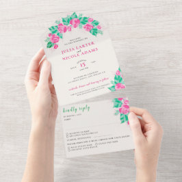 ピンク グリーン ローズ 花びら 花 ガーデン ウェディング オールインワン招待状