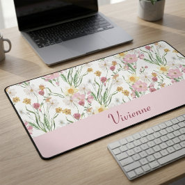 ピンク グリーン 水彩画 野の花 モノグラム 名前 デスクマット