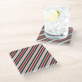  ピンク グリーン 赤のクリスマス キャンディケーン ストライプ ガラスコースター