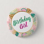 ピンク、グリーン、金ゴールドスイカトロピカル誕生日 缶バッジ (正面)