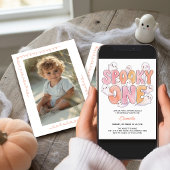 ピンク グルービー スプーキー ワン 1歳の誕生日フォト 幽霊 招待状