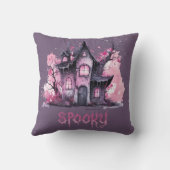 ピンク&グレイ不気味ハウス幽霊のよく出るパープルハロウィーン クッション (裏面)