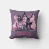 ピンク&グレイ不気味ハウス幽霊のよく出るパープルハロウィーン クッション (正面)