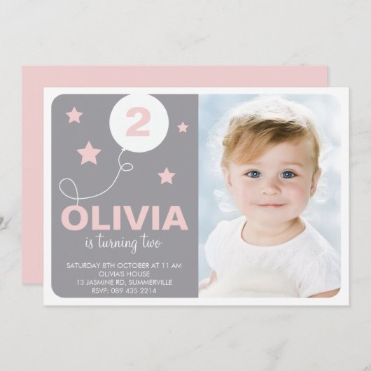 ピンク&グレーかわいいドリーマーキッズフォト誕生日 招待状 (正面/裏面)