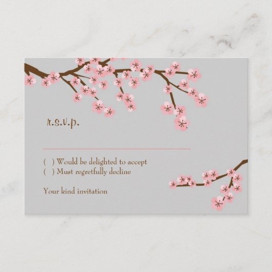 ピンク&グレーさくらんぼブロッサム春の結婚式 出欠カード (正面)