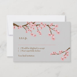 ピンク&グレーさくらんぼブロッサム春の結婚式 出欠カード