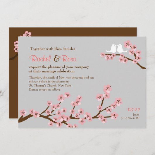 ピンク&グレーさくらんぼブロッサム春の結婚式 招待状 (正面/裏面)