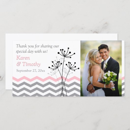 ピンク、グレーのフローラ、シボ結婚ロンの写真カード サンキューカード (正面/裏面)