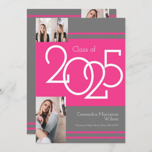 ピンク・グレーの学校のカラー卒業発表 招待状 (正面/裏面)