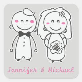 ピンク&グレーの漫画の花嫁と花婿のシール/シール スクエアシール