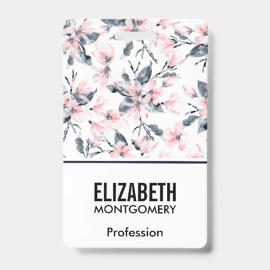 ピンク＆グレーの花の水彩模様 バッジ (正面)