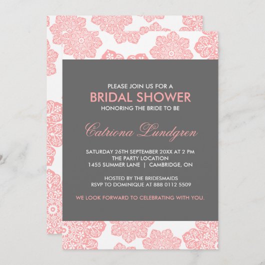 ピンク&グレーろうけつ染めフラワーブライダルシャワー招待 招待状 (正面/裏面)