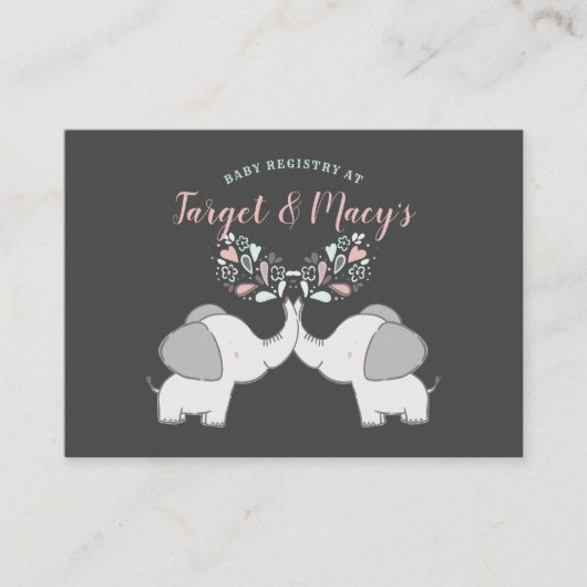 ピンク&グレーエレファントベビーシャワーギフトレジストリ エンクロージャーカード (正面)