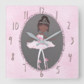 ピンク&グレーオートクチュールエスニックバレリーナガールズベッドルーム スクエア壁時計 (正面)