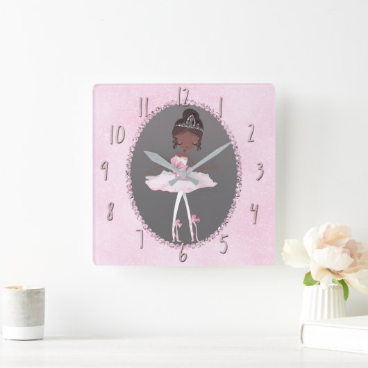 ピンク&グレーオートクチュールエスニックバレリーナガールズベッドルーム スクエア壁時計 (ホーム)