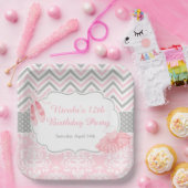 ピンク&グレーシェブロンバレリーナ誕生日 ペーパープレート (パーティー)